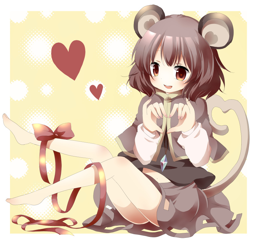 animal_ears capelet full_body grey_hair heart heart-shaped_pupils heart_hands heart_tail highres mouse_ears nazrin open_mouth red_eyes ribbon short_hair sitting skirt smile solo symbol-shaped_pupils tail tamichan touhou