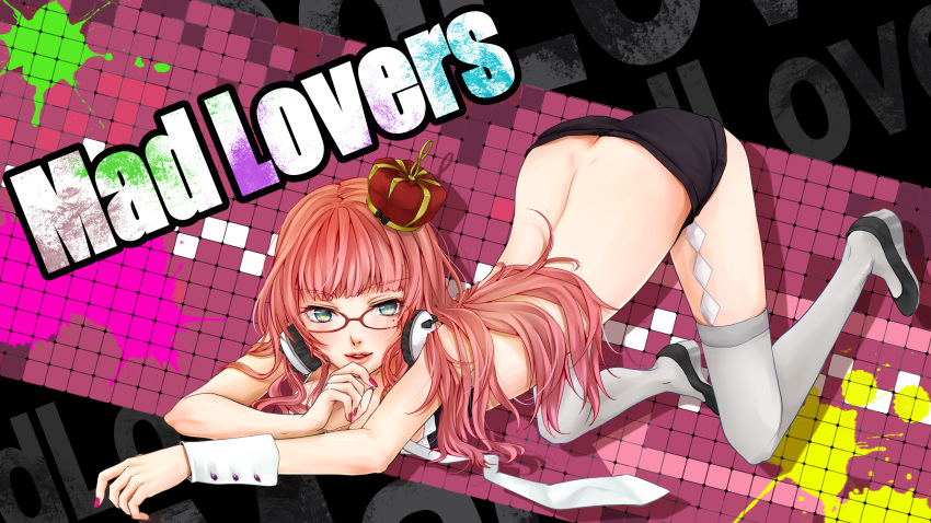 absurdres all_fours bespectacled blue_eyes butt_crack crown glasses highres long_hair looking_at_viewer mad_lovers_(vocaloid) masami_chie megurine_luka mole nail_polish pink_hair smile solo thigh-highs thighhighs top-down_bottom-up vocaloid wrist_cuffs