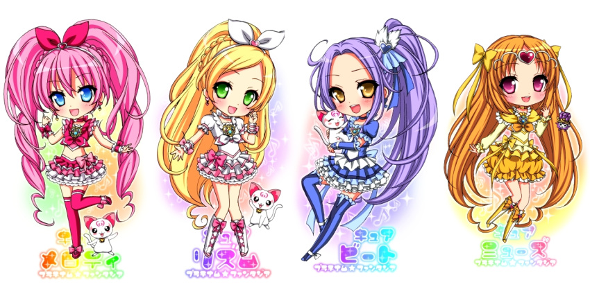 :d blonde_hair blue_dress blue_eyes blue_legwear blush boots bow braid brooch brown_hair bubble_skirt cat character_name chibi choker circlet cure_beat cure_melody cure_muse cure_muse_(yellow) cure_rhythm dress earrings fairy_tone frills green_eyes hair_ornament hair_ribbon hairband hairpin heart houjou_hibiki hummy_(suite_precure) jewelry kurokawa_ellen long_hair magical_girl midriff minamino_kanade multiple_girls musical_note open_mouth pfxxx pink_dress pink_eyes pink_hair pink_legwear ponytail precure purple_hair rainbow_background ribbon shirabe_ako shoes siren_(suite_precure) smile standing_on_one_leg suite_precure thigh-highs thigh_boots thighhighs twintails white_dress wrist_cuffs yellow_dress yellow_eyes