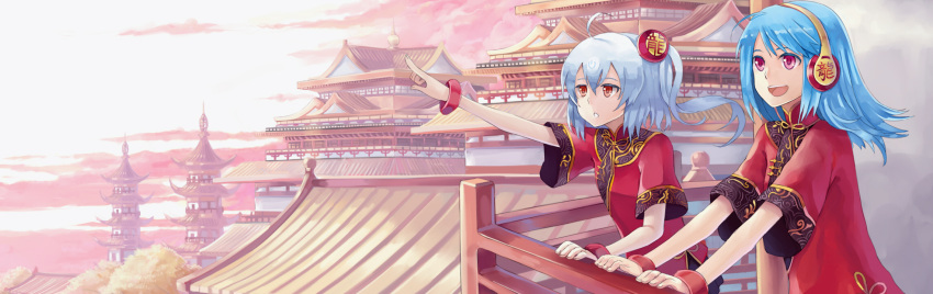 ahoge aqua_hair bili_bili_douga bili_girl_22 bili_girl_33 blue_hair bracelet chinese_clothes cloud east_asian_architecture hao_(patinnko) headphones highres jewelry multiple_girls open_mouth pagoda pointing red_eyes siblings side_ponytail sisters teeth traditional_clothes tree