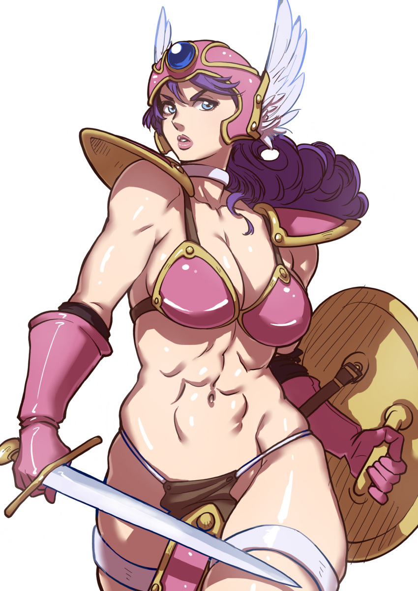 abs armor bikini_armor blue_eyes breasts choker cleavage collarbone curly_hair dragon_quest dragon_quest_iii gloves helmet highres large_breasts lift lips loincloth long_hair midriff naav navel pauldron pauldrons purple_hair shield simple_background soldier_(dq3) solo sword thigh_strap warrior weapon winged_helmet