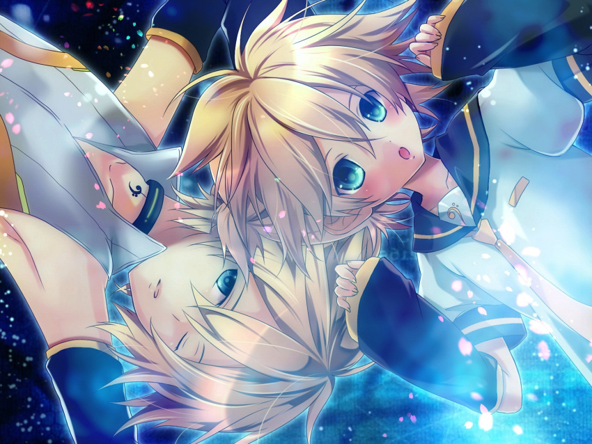 ampits arm_warmers armpits blonde_hair blue_eyes choker dual_persona face highres kagamine_len kagamine_len_(append) looking_at_viewer multiple_boys necktie popped_collar short_hair sinwa_(tamaki) vocaloid vocaloid_append wink