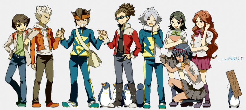 5boys bird blue_eyes blue_hair boots brother_and_sister brown_hair camcorder endou_mamoru fubuki_shirou glasses glasses_on_head goggles gouenji_shuuya grin hairlocs headband highres ichinose_kazuya inazuma_eleven inazuma_eleven_(series) jacket kidou_yuuto kino_aki long_hair multiple_boys multiple_girls nanjou_(sumeragimishiro) open_mouth otonashi_haruna pants penguin raimon_natsumi scarf school_uniform short_hair siblings skirt smile track_suit video_camera white_hair