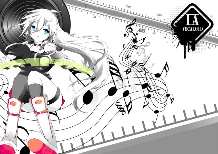 bare_shoulders blue_eyes boots braids dribble holographic_interface ia ia_(vocaloid) instrument long_hair mismatched_legwear musical_note off_shoulder open_mouth piano polychromatic single_thighhigh solo thigh_strap thighhighs torepan very_long_hair vocaloid white white_hair