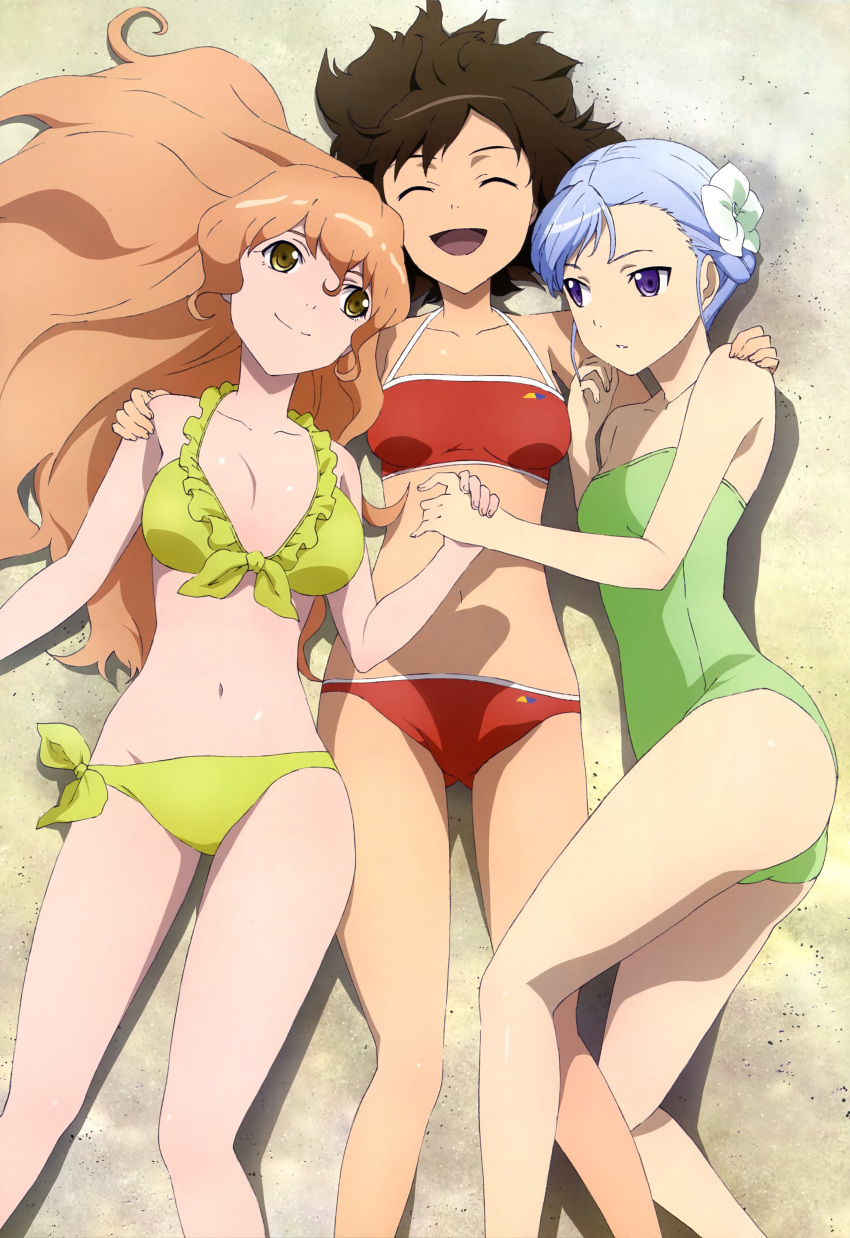 absurdres beach bikini blue_hair breasts brown_hair cleavage fin_e_ld_si_laffinty flower front-tie_top hair_flower hair_ornament highres kyouno_madoka legs long_hair lying muginami multiple_girls nyantype official_art on_back open_mouth rinne_no_lagrange short_hair side-tie_bikini swimsuit swimsuit