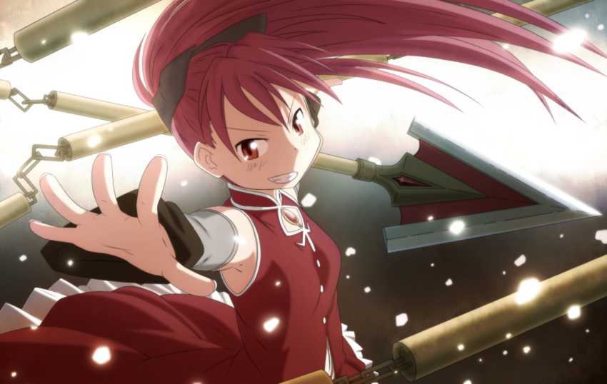 bare_shoulders blurry chain chains fang grin hair_ribbon highres kama_iruka long_hair magical_girl mahou_shoujo_madoka_magica outstretched_hand polearm ponytail red_eyes red_hair redhead ribbon sakura_kyouko smile solo spear weapon