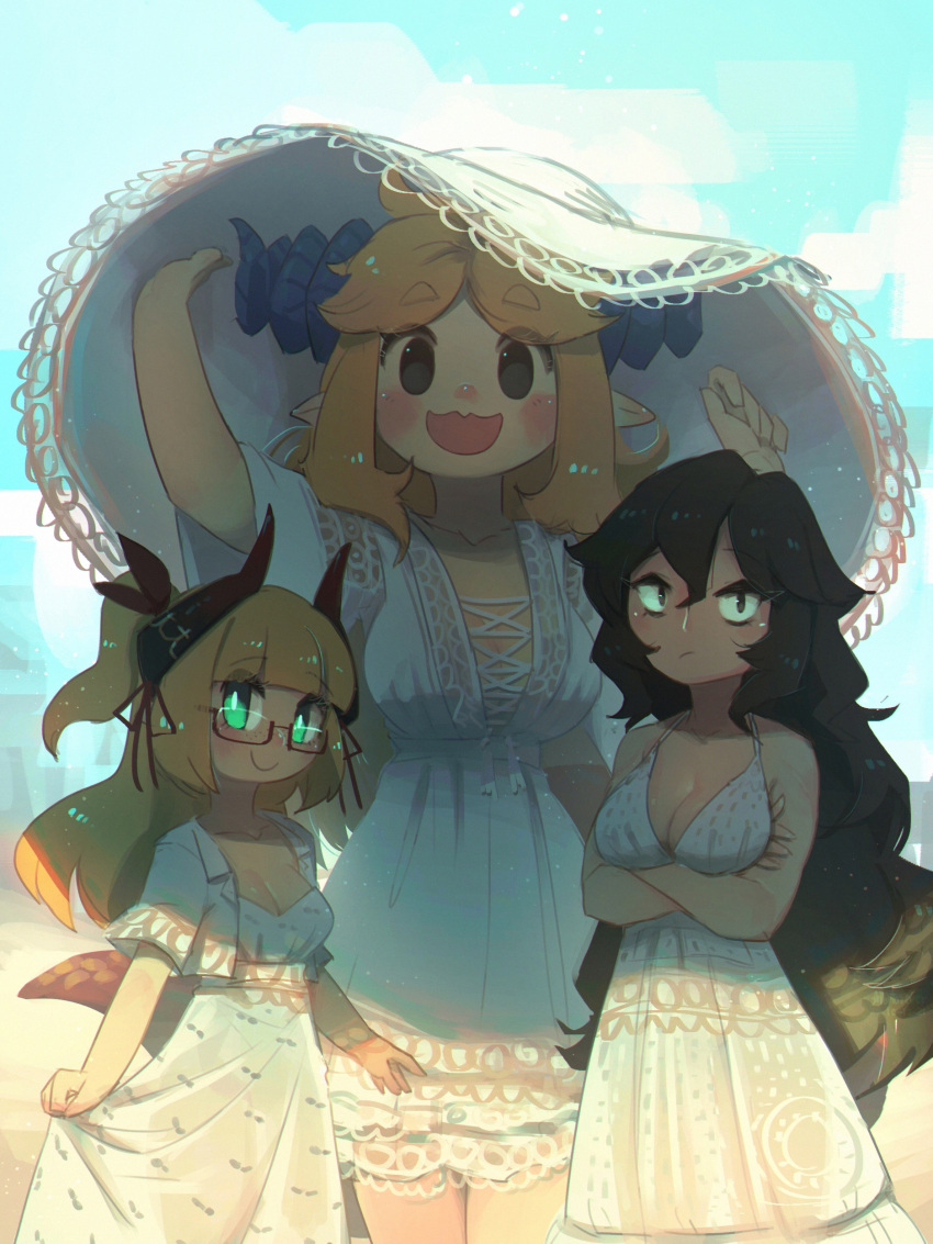 3girls :/ :d absurdres arms_under_breasts bangs black_eyes black_hair blonde_hair blunt_bangs blush borrowed_character breasts commentary crossed_arms curled_horns dress executioner_maid_(centuriic) explosive eyebrows_visible_through_hair flareze_(porforever) freckles glasses grenade hat height_difference highres horns large_breasts long_hair looking_at_viewer medium_breasts multiple_girls no_pupils open_mouth original pointy_ears porforever red-framed_eyewear sanpaku semi-rimless_eyewear short_sleeves skirt_hold sleeveless sleeveless_dress smile sun_hat symbol-only_commentary two_side_up under-rim_eyewear very_long_hair white_dress