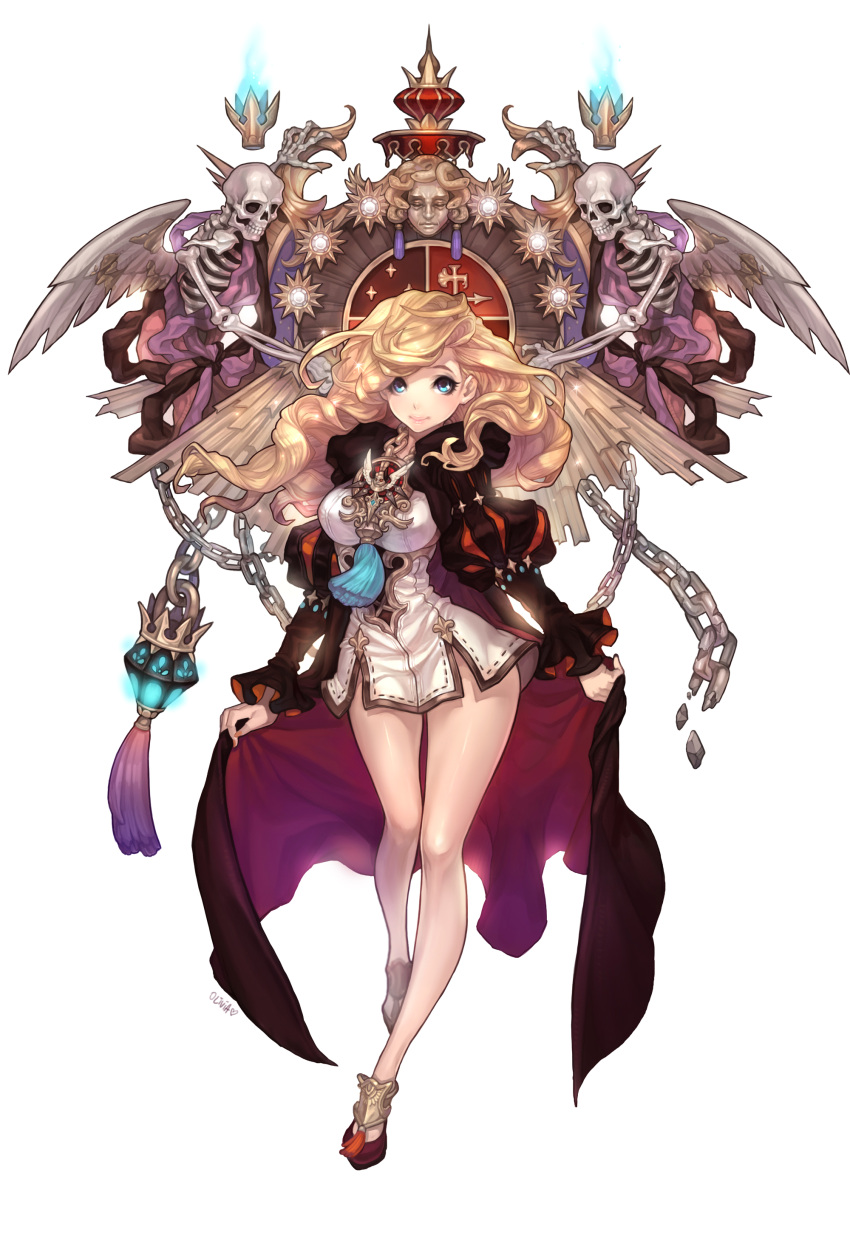 absurdres angel_wings blonde_hair blue_eyes blue_fire breasts broken_chains cape chain chain_necklace chains crown dress elaborate_frame fire highres jewelry long_hair medusa necklace olivia_(yh) original puffy_sleeves shoes signature simple_background skeleton smile solo white_background wings