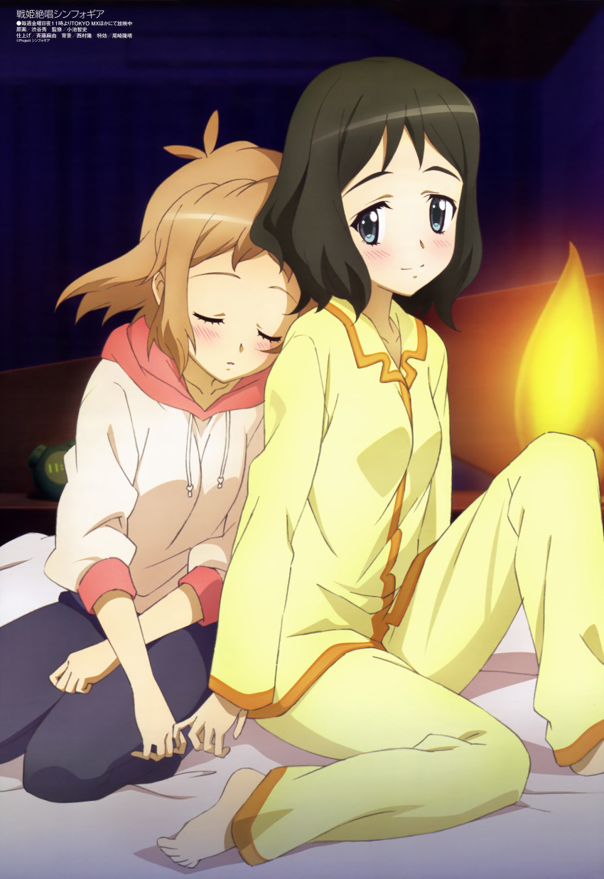 absurdres bed black_hair blush brown_hair character_request closed_eyes eyes_closed feet female highres kohinata_miku megami multiple_girls official_art pajamas purple_eyes senki_zesshou_symphogear shibuya_sakae short_hair sleeping sleeves_pushed_up smile tachibana_hibiki_(symphogear) violet_eyes