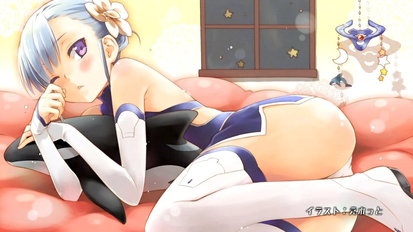 bed blue_hair boots detached_sleeves doll eretto eyecatch fin_e_ld_si_laffinty flower hair_flower hair_ornament orca panties purple_eyes rinne_no_lagrange screencap thigh-highs thigh_boots thighhighs underwear violet_eyes white_legwear white_panties window wink