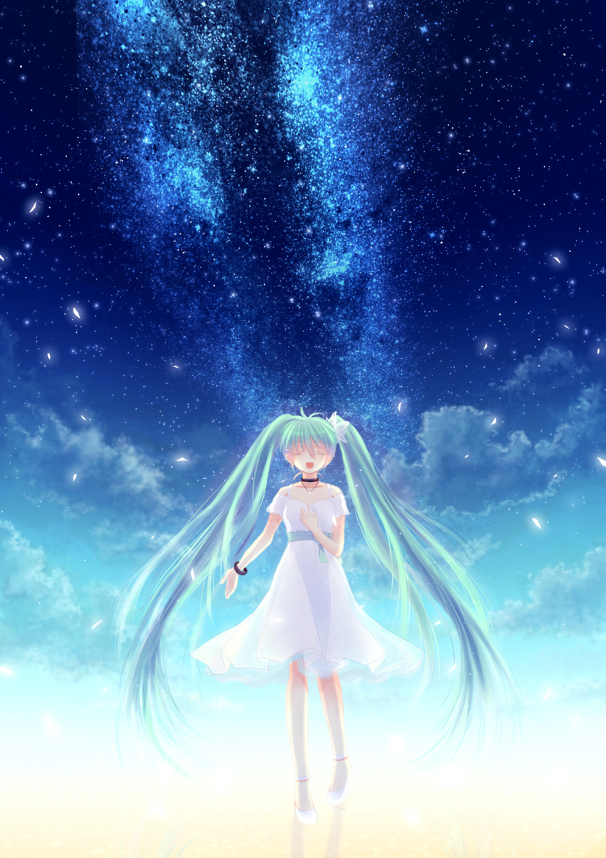 aqua_hair choker closed_eyes cloud dress eyes_closed green_hair hand_on_own_chest hatsune_miku highres jewelry lazy_orange long_hair milky_way necklace night night_sky open_mouth sky star_(sky) starry_sky twintails very_long_hair vocaloid