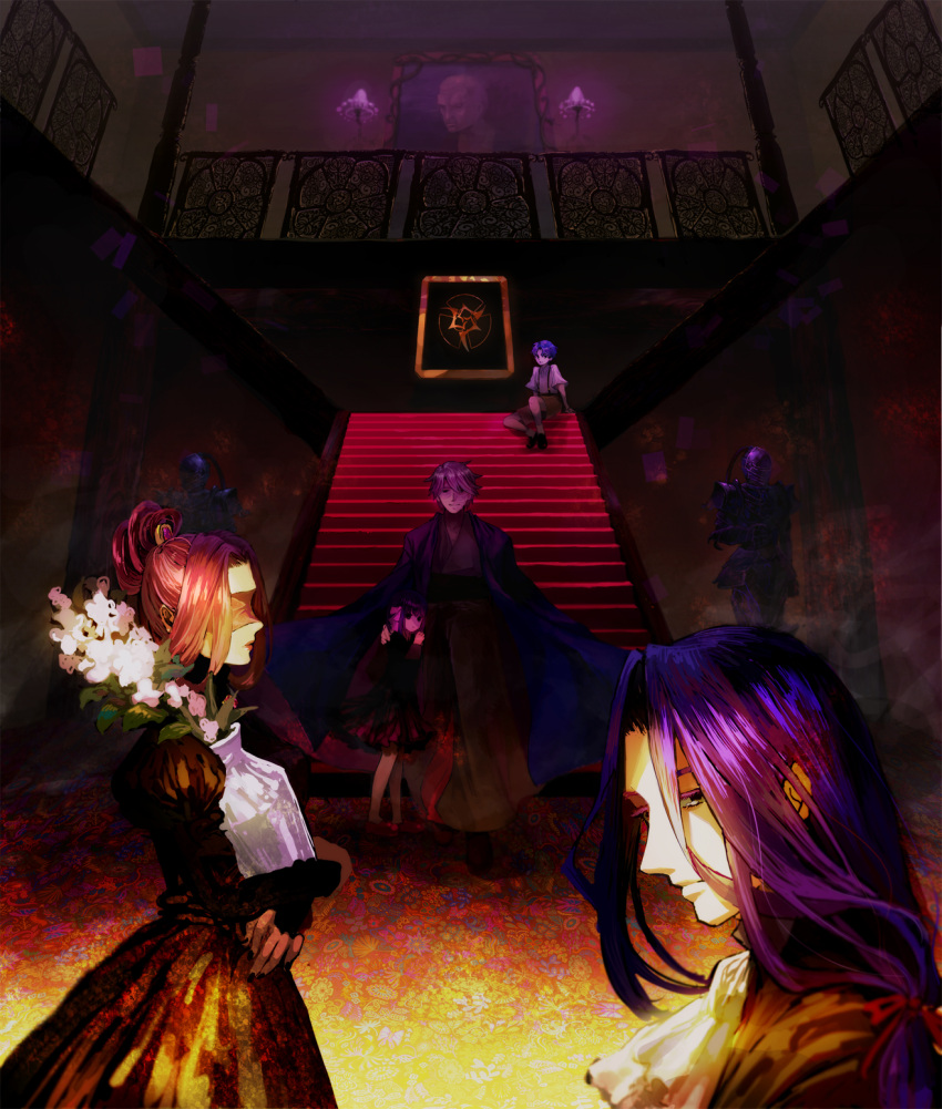 3boys alternate_costume alternate_hairstyle armor berserker_(fate/zero) black_dress blindfold blue_eyes blue_hair brown_eyes ceiling child command_spell cravat dress emblem eyelashes family fate/stay_night fate/zero fate_(series) floor flower full_armor hair_ribbon hair_tie hand_on_shoulder haori highres holding indoors japanese_clothes kimono lamp light_smile lips looking_at_viewer mansion matou_kariya matou_sakura matou_shinji matou_zouken mocco multiple_boys multiple_girls nail_polish patterned picture_(object) pillar ponytail portrait_(object) purple_hair red_shoes ribbon rider shirt shoes short_hair shorts silver_hair spoilers stairs suspenders tied_hair uncle_and_niece vase wall what_if white_legwear young
