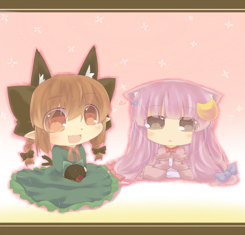 animal_ears blush bow braid capelet cat_ears cat_tail chibi crescent dress extra_ears fang green_dress grey_eyes hair_bow hair_ribbon hazuki_ruu highres kaenbyou_rin kemonomimi_mode letterboxed long_hair multiple_girls multiple_tails no_hat no_headwear o3o open_mouth patchouli_knowledge pointy_ears purple_dress purple_hair red_eyes red_hair redhead reiuji_utsuho reiuji_utsuho_(bird) ribbon sitting sitting_on_lap sitting_on_person smile tail third_eye touhou twin_braids