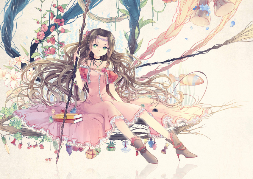aerith_gainsborough animal book boots bracelet brown_hair cherry choker dress female final_fantasy final_fantasy_vii fish flower food fruit green_eyes hair_flower hair_ornament head_wreath high_heels highres jewelry kieta lily_(flower) long_hair materia necklace petals pink_rose rose shoes sitting smile solo staff star tree_branch vines