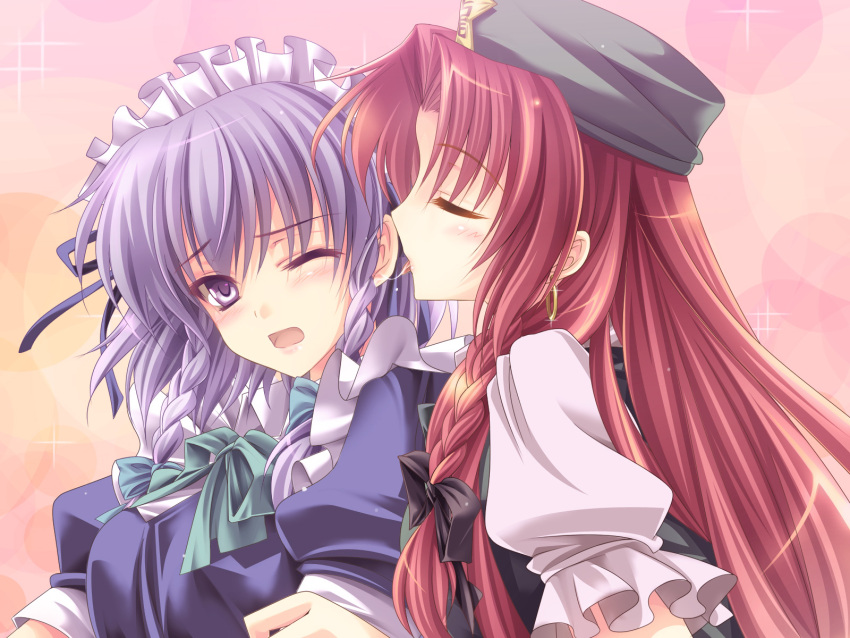 beret blush bow braid bust closed_eyes ear_licking earrings eyes_closed face hair_bow hat highres hong_meiling hoop_earrings izayoi_sakuya jewelry licking long_hair maid_headdress moneti_(daifuku) multiple_girls open_mouth profile purple_eyes red_hair redhead saliva saliva_trail short_hair silver_hair simple_background sweat the_embodiment_of_scarlet_devil touhou twin_braids very_long_hair violet_eyes wink yuri