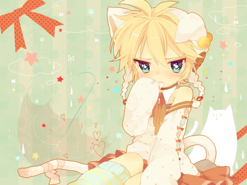 ahoge animal_costume animal_ears bell biting biting_clothes blonde_hair blue_eyes blush buttons cat_costume cat_ears cat_tail detached_collar detached_sleeves fang heart highres hyerry kagamine_len kneehighs looking_at_viewer male ribbon solo striped striped_legwear tail touyama_soboro trap vocaloid
