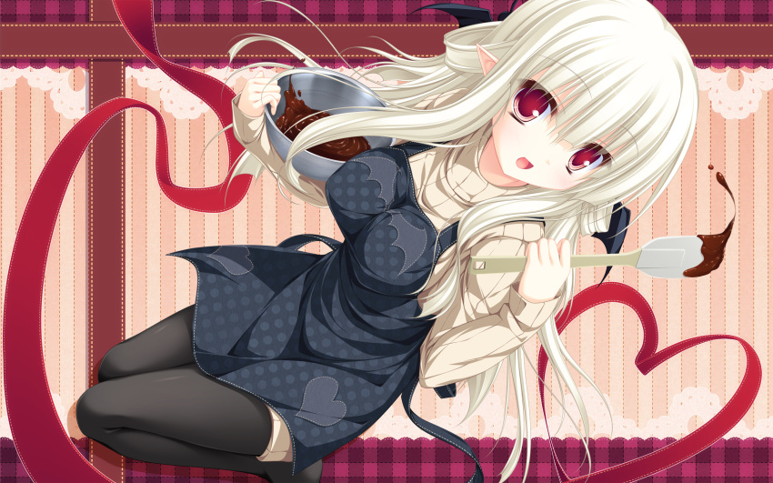 :d apron bat_wings black_legwear blonde_hair bowl breasts character_request chocolate dutch_angle filia_(lunaris_filia) heart heart_of_string highres large_breasts long_hair looking_at_viewer lunaris_filia mikagami_mamizu open_mouth pantyhose pointy_ears red_eyes silver_hair sitting smile solo spatula sweater turtleneck wallpaper wariza wings