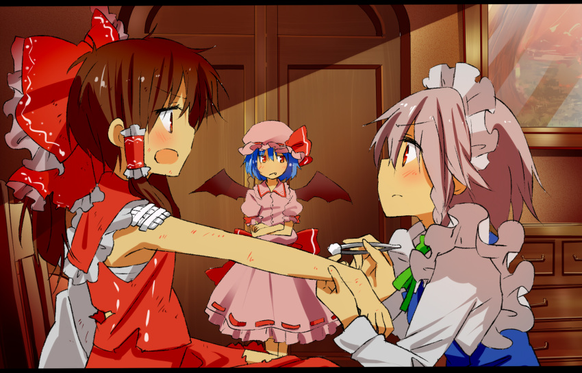 bandage bandages bare_shoulders bat_wings blue_hair blush bow braid brown_eyes brown_hair cleaning cotton_ball crossed_arms detached_sleeves hair_bow hair_tubes hakurei_reimu highres ibaba izayoi_sakuya long_hair maid maid_headdress miko multiple_girls open_mouth outstretched_arm red_eyes remilia_scarlet short_hair silver_hair standing torn_clothes touhou twin_braids wings