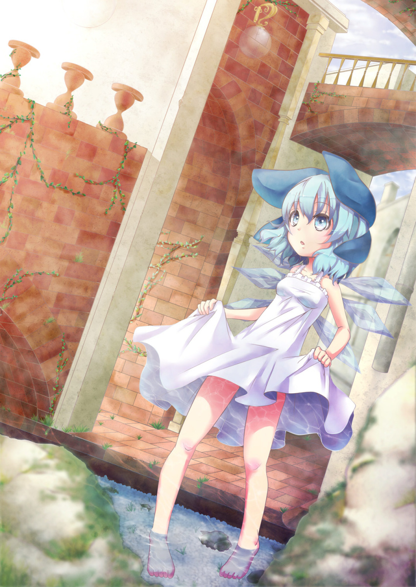 bare_legs barefoot blue_eyes blue_hair bow chemise cirno hair_bow highres ice ice_wings pony_(moyasi) short_hair soaking_feet solo touhou water wings