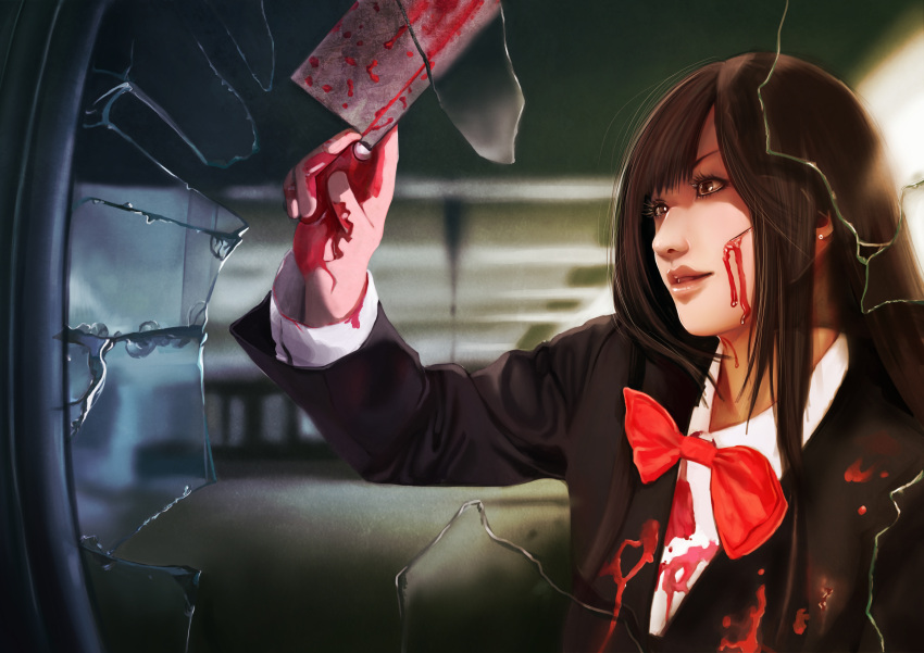 absurdres ares6792 blood bloody_knife bow broken_glass brown_eyes brown_hair cleaver crazy cuts earrings formal glass highres holding_knife injury jewelry kitchen_knife knife lips long_hair luan_(ares6792) original realistic school_uniform schoolroom smile solo tongue vegetable_knife