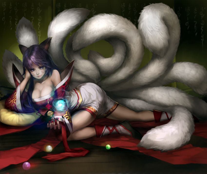 ahri animal_ears arm_support bare_shoulders blue_eyes breasts cat_ears cleavage dress facial_mark fox highres large_breasts league_of_legends long_hair lying multiple_tails naturaljuice on_side orb purple_hair solo tail youshun_(naturaljuice)