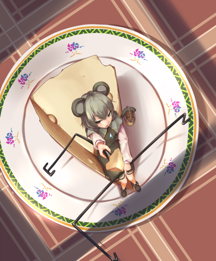 animal_ears basket cheese foreshortening grey_hair highres jewelry minigirl mouse_ears mouse_tail nazrin pendant plate pov_feeding sitting solo sue_sgr_u tail touhou