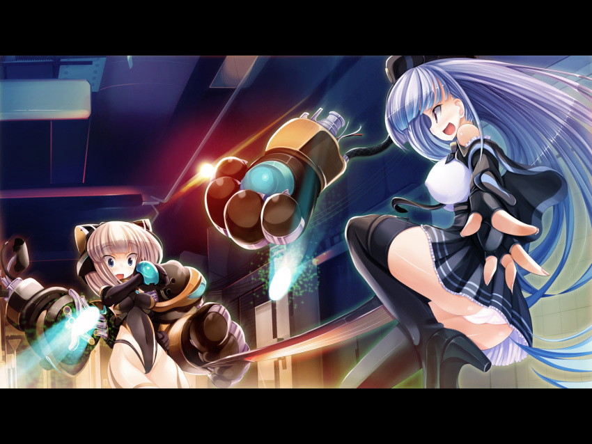 bare_shoulders black_boots black_gloves black_legwear blade blue_eyes bodysuit boots bow bracelet breasts cat_paws clenched_hand detached_sleeves fang fighting fingerless_gloves fist gloves hair_bow highres jewelry large_breasts legs_folded letterboxed long_hair mechanical_arm multiple_girls open_mouth original panties paws silver_hair skirt smile surprised thigh-highs thigh_boots thighhighs torisan underwear white_panties