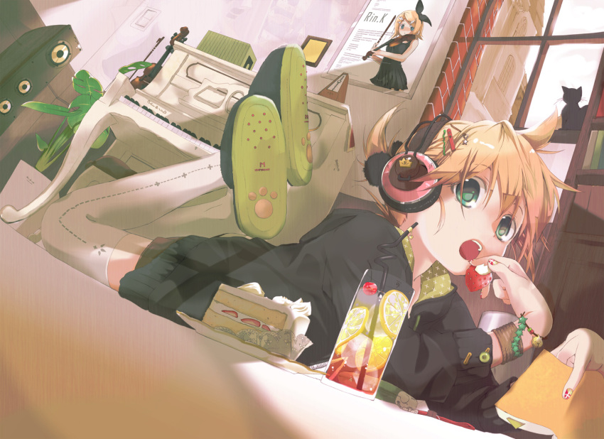 aqua_eyes blonde_hair brother_and_sister cameo cat dring drink dutch_angle glass hair_ornament hairclip headphones hekicha highres indoors instrument kagamine_len kagamine_rin kagamine_rin_(cameo) kneehighs looking_at_viewer lying male on_stomach open_mouth piano poster poster_(object) short_hair siblings solo speaker twins violin vocaloid