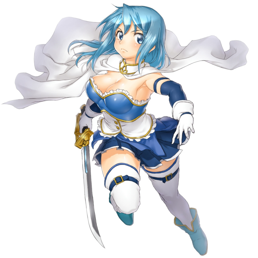 armband belt blue_eyes blue_hair boots breasts cape cleavage commentary_request elbow_gloves gloves large_breasts magical_girl mahou_shoujo_madoka_magica miki_sayaka onsoku_maru simple_background skirt solo sword thigh-highs thighhighs weapon white_background