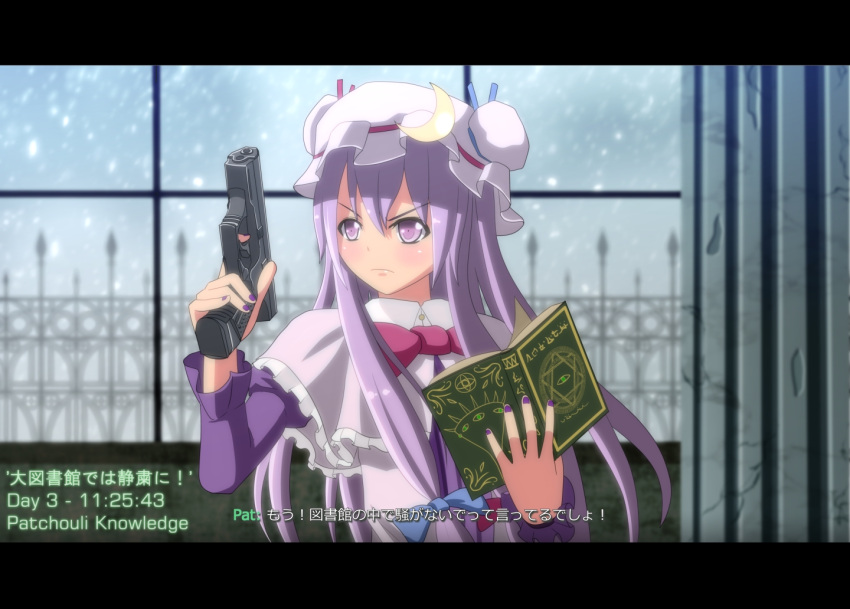 arm_up book call_of_duty capelet contemporary crescent dress fake_screenshot fence finger_on_trigger gun hair_ribbon handgun hat letterboxed long_hair multicolored_dress nail_polish patchouli_knowledge pink_eyes pistol purple_dress purple_eyes ribbon snowing solo tomon_(slash0410) touhou translated translation_request violet_eyes walther_p99 weapon window