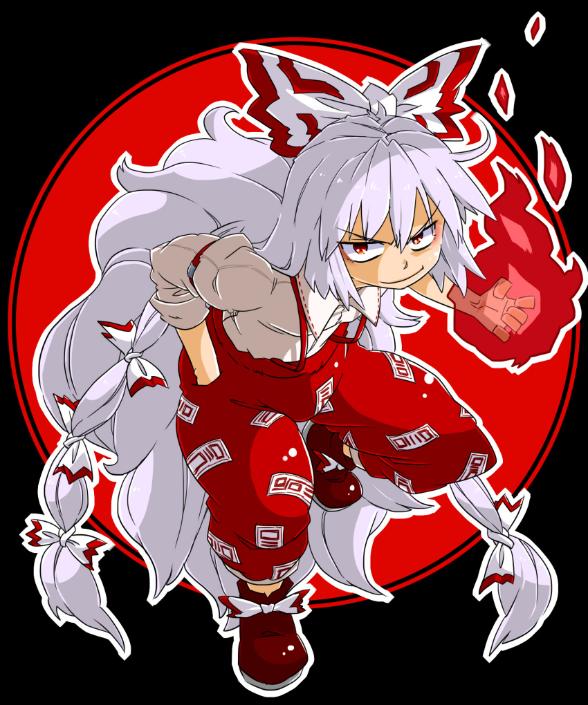 &gt;:) aono3 black_background bow fire fujiwara_no_mokou hair_bow hand_in_pocket highres leaning_forward long_hair pants shoes smile solo touhou very_long_hair