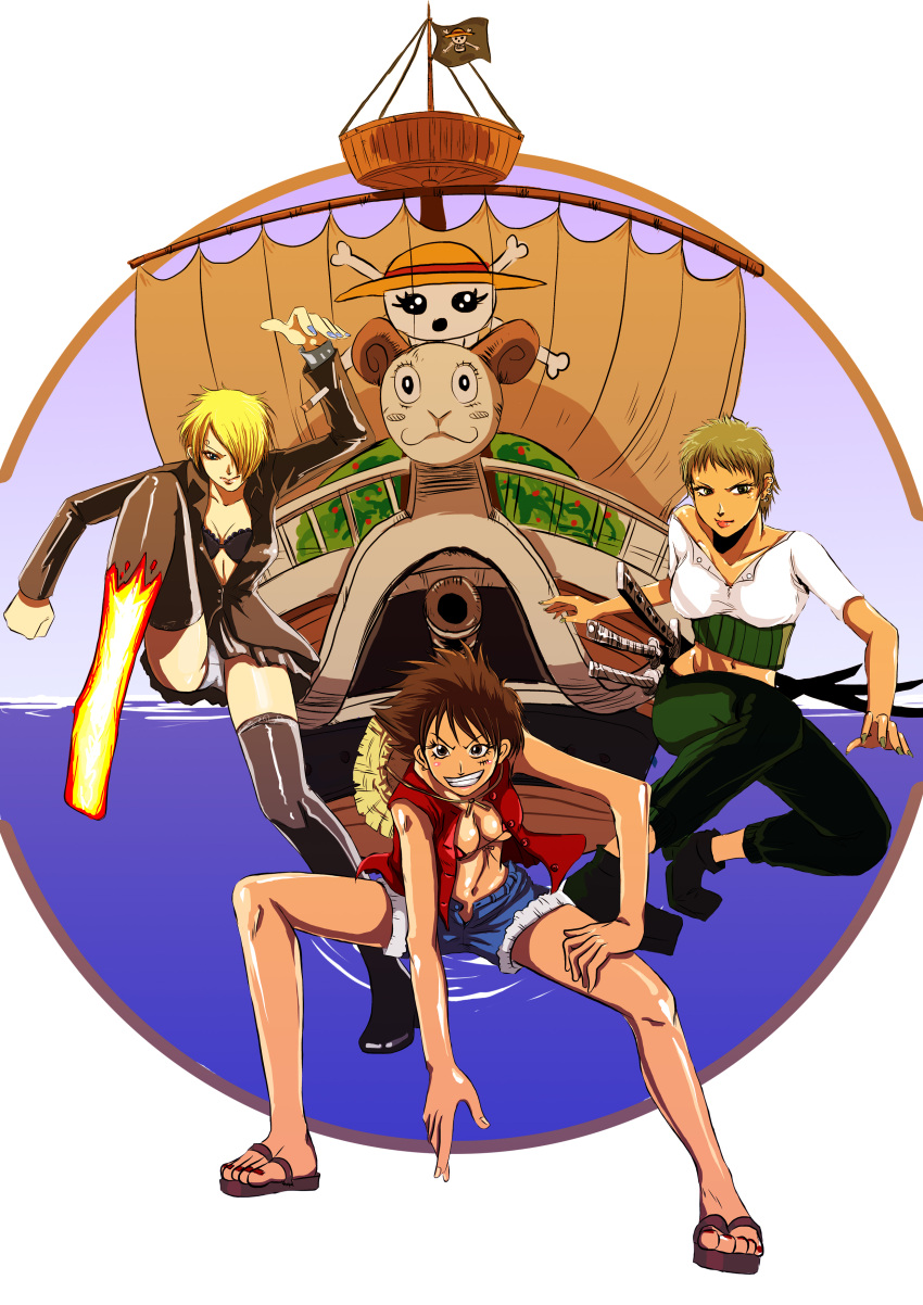 ares6792 bad_id bent_knees blonde_hair blue_eyes boots bra breasts brown_eyes brown_hair cannon cigarette cleavage earrings fighting_stance fire genderswap going_merry green_eyes green_hair haramaki hat highres hips jewelry lingerie luan_(ares6792) makeup monkey_d_luffy nail_polish navel one_piece pantes panties pants roronoa_zoro sandals sanji scar shirt short_hair shorts skirt sleeveless sleeveless_shirt smile squatting standing straw_hat sword thigh-highs thighhighs underwear weapon
