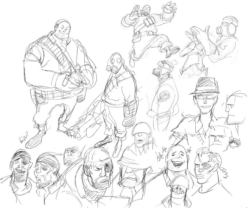 eyepatch gas_mask gloves helmet kotteri monochrome rough signature sketch smile team_fortress_2 the_demoman the_heavy the_pyro the_soldier white_background