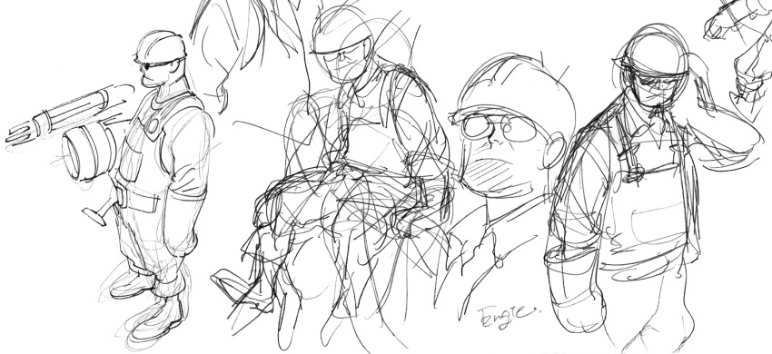 1boy character_name goggles hat helmet kotteri male monochrome rough sketch solo team_fortress_2 the_engineer white_background