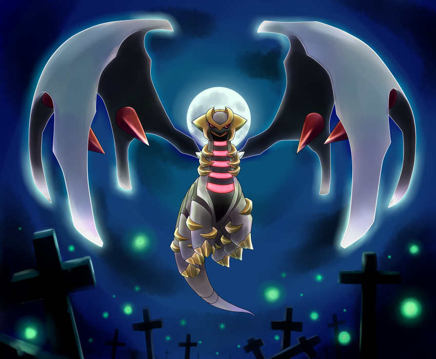 cross giratina graveyard moon night no_humans pokemon pokemon_(creature) solo stars wings