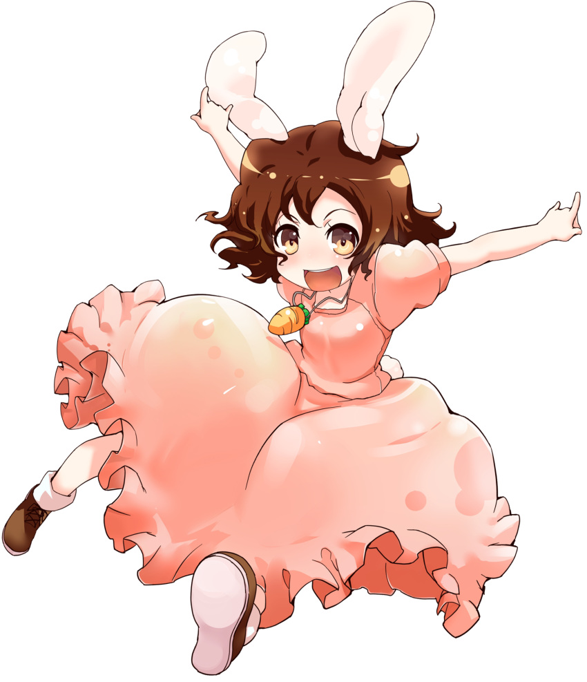 animal_ears brown_eyes brown_hair bunny_ears bunny_tail carrot dress highres inaba_tewi jewelry necklace pendant rabbit_ears short_hair solo tail touhou transparent_background yuu-yuu