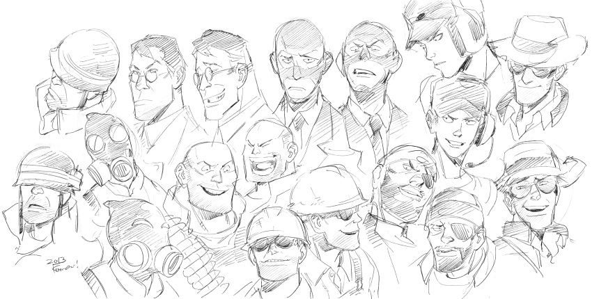 6+boys ^_^ balaclava bust closed_eyes dated everyone eyepatch face formal frown glasses grin helmet highres kotteri male monochrome multiple_boys necktie open_mouth signature sketch ski_mask smile suit sunglasses team_fortress_2 the_demoman the_engineer the_heavy the_medic the_pyro the_scout the_sniper the_soldier the_spy white_background