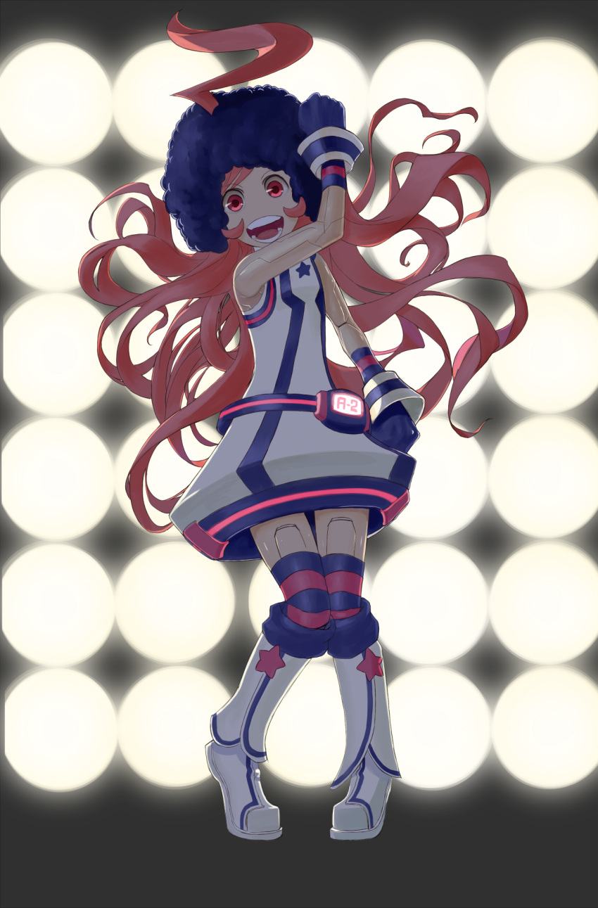 afro android bad_id boots dress gloves highres kansou_samehada long_hair miki_(vocaloid) red_eyes red_hair redhead robot_joints sf-a2_miki socks striped thighhighs very_long_hair vocaloid whiteshark wig