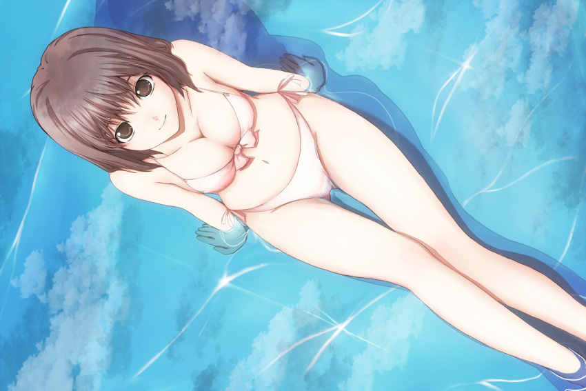 bad_id bikini breasts brown_eyes brown_hair cleavage cloud clouds dutch_angle from_above front-tie_top highres legs looking_up original reflection ryoku short_hair sitting smile solo submerged swimsuit thigh_gap water