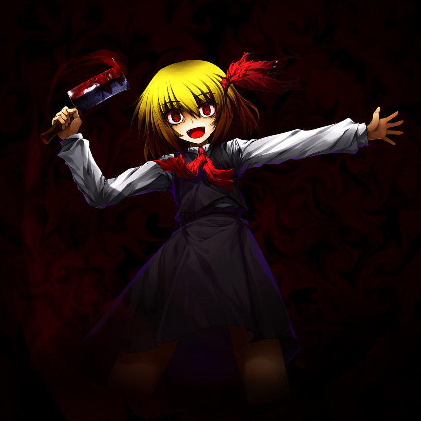 billhook blonde_hair blood cff crazy hair_ribbon highres outstretched_arms red_eyes ribbon rumia short_hair solo spread_arms touhou