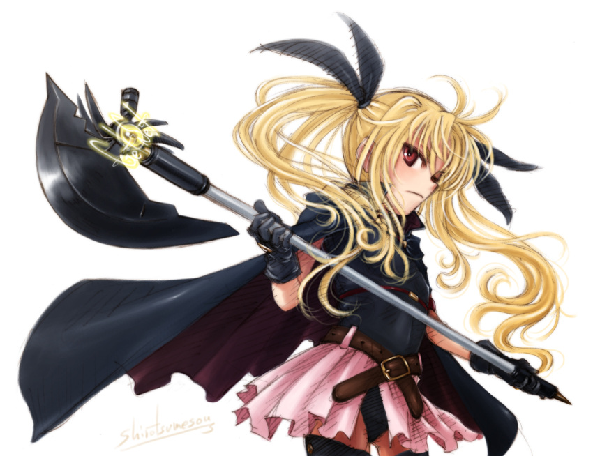 belt blonde_hair cape fate_testarossa gloves hair_ribbon long_hair mahou_shoujo_lyrical_nanoha red_eyes ribbon ryou_(shirotsumesou) signature skirt thigh-highs thighhighs twintails