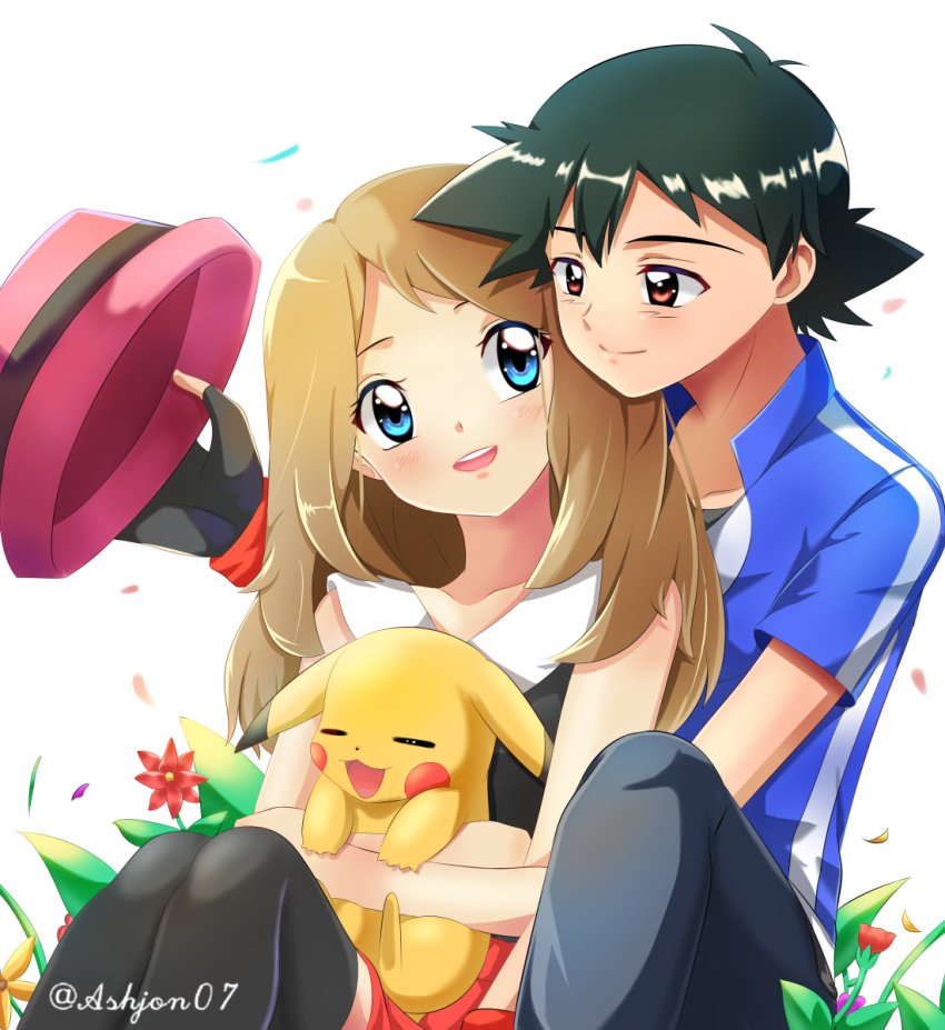 1boy 1girl ash_ketchum ashujou black_legwear blonde_hair blue_eyes blush closed_mouth hat highres long_hair open_mouth pikachu pokemon pokemon_(anime) pokemon_(creature) pokemon_xy_(anime) serena_(pokemon) simple_background skirt sleeveless smile thigh-highs