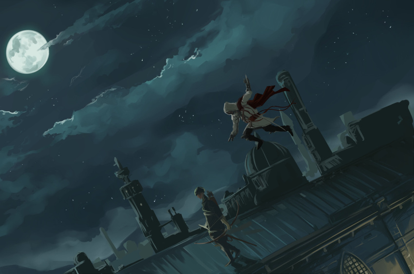 assassin's_creed assassin's_creed_ii assassin's_creed_ii bad_id blade bow_(weapon) cape chanchan city cloud ezio_auditore_da_firenze hat highres hood moon night night_sky rooftop saber_(weapon) scenery sky sword weapon