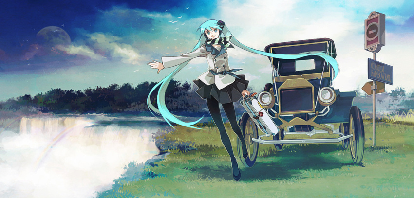 aqua_eyes aqua_hair bird car chris4708 hatsune_miku headphones legs long_hair moon motor_vehicle pantyhose rainbow road_sign scenery sign skirt sky smile solo suitcase twintails vehicle very_long_hair vocaloid water waterfall