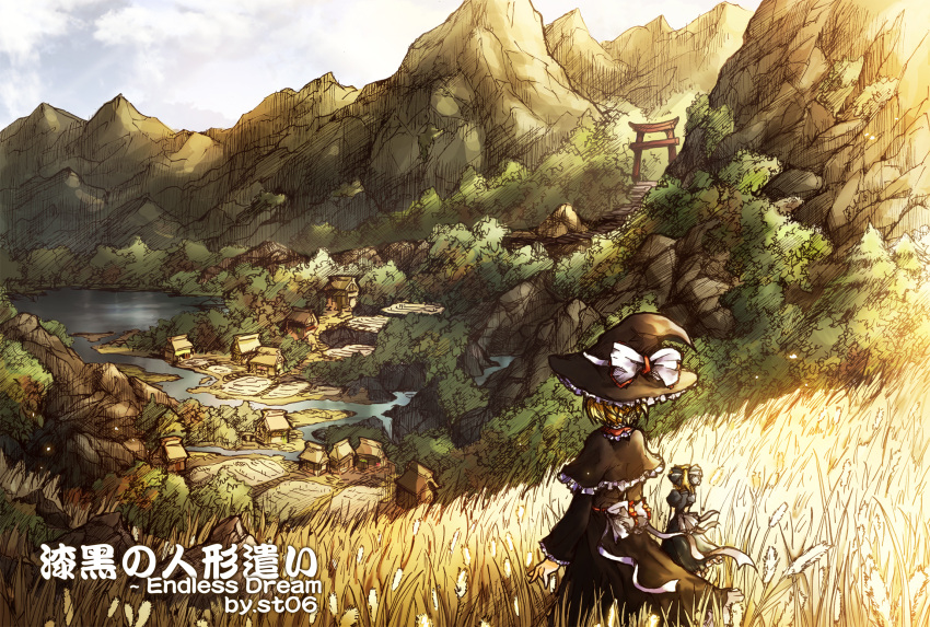 alternate_costume blonde_hair bow doll field forest from_behind hat highres mountain nature rice_paddy scenery shanghai_doll short_hair st06 standing torii touhou village witch_hat