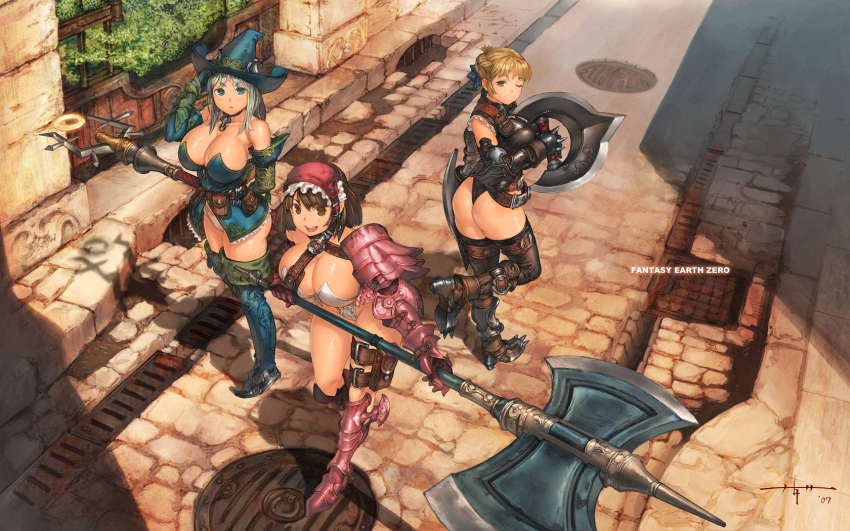 armor ass axe bare_shoulders battle_axe bb belt bikini_armor blonde_hair blue_eyes boots breasts brown_eyes brown_hair chakram collar elbow_gloves fantasy_earth fantasy_earth_zero gauntlets gloves greaves halberd hat highres huge_breasts kanda_(ura-kanda) knife large_breasts leather leather_strap_leg_pouch leg_strap lighting mage multiple_girls outdoors polearm ribbon silver_hair staff thigh_boots thigh_strap thighhighs urakanda utility_belt wallpaper warrior weapon weapons white_hair windfire_wheel wink witch witch_hat yellow_eyes