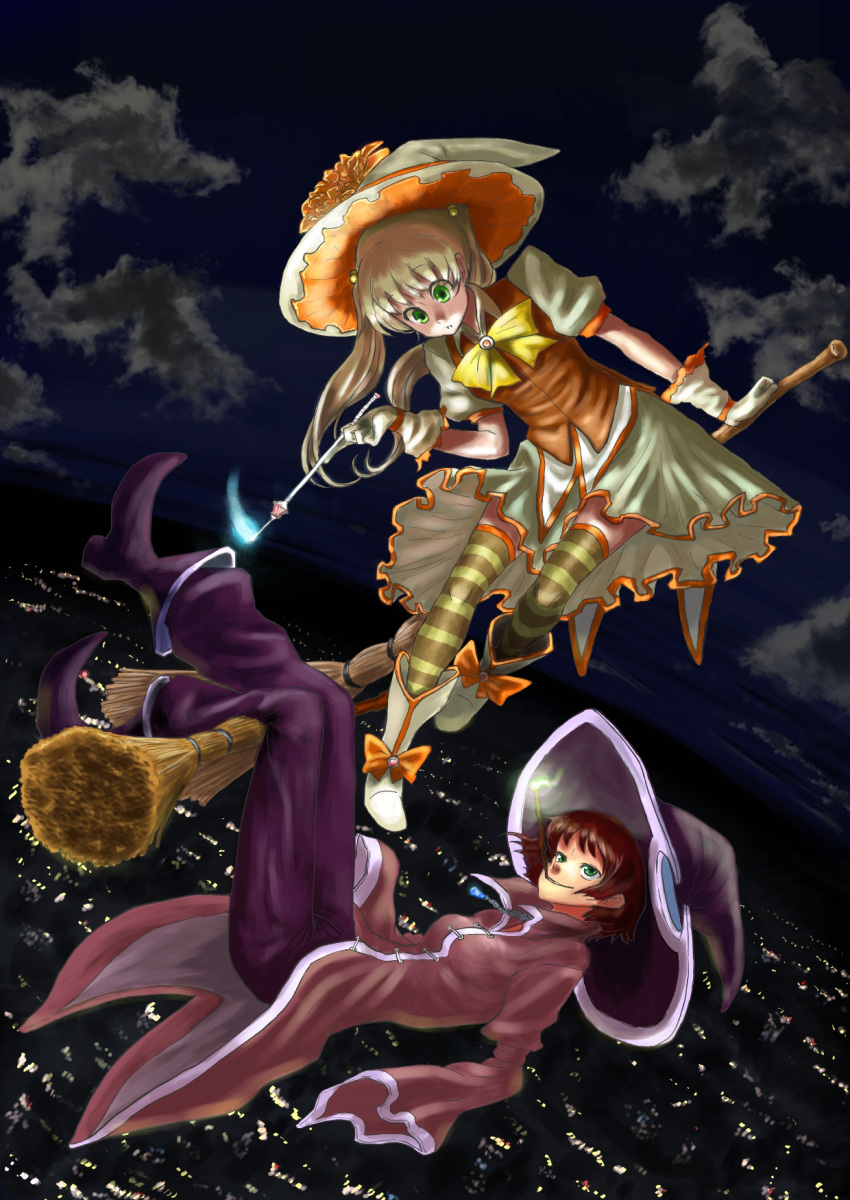 amputee boots bow broom brown_hair bukimi_isan cityscape cloud flying gloves green_eyes hair_bobbles hair_ornament hat highres horizon ibarazaki_emi jewelry katawa_shoujo mouth_hold multiple_girls necklace night red_hair redhead short_hair sky striped striped_legwear striped_socks tezuka_rin thighhighs twintails wand witch_hat