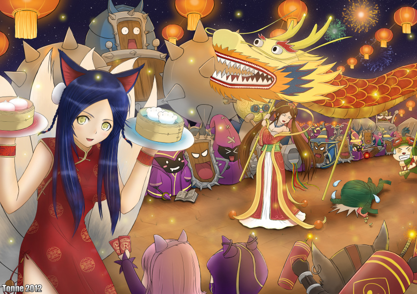 absurdres ahri amumu animal_ears annie_hastur china_dress chinese_clothes corki dragon eastern_dragon fake_animal_ears firecrackers hagoromo heimerdinger highres kennen lamp league_of_legends new_year shawl short_hair sona_buvelle teemo tonnelee ziggs