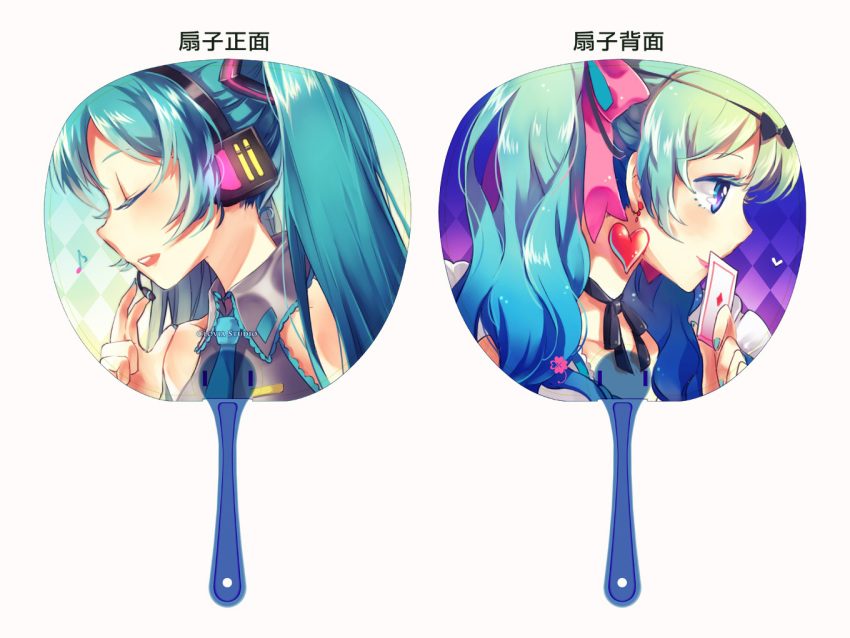 aqua_eyes aqua_hair bad_id blue_eyes blue_hair bow card closed_eyes earrings eyes_closed fan hair_ribbon hatsune_miku headphones headset heart jewelry long_hair musical_note necktie open_mouth ribbon ribbons singing siting_zeng sleeveless sleeveless_shirt smile solo twintails vocaloid white