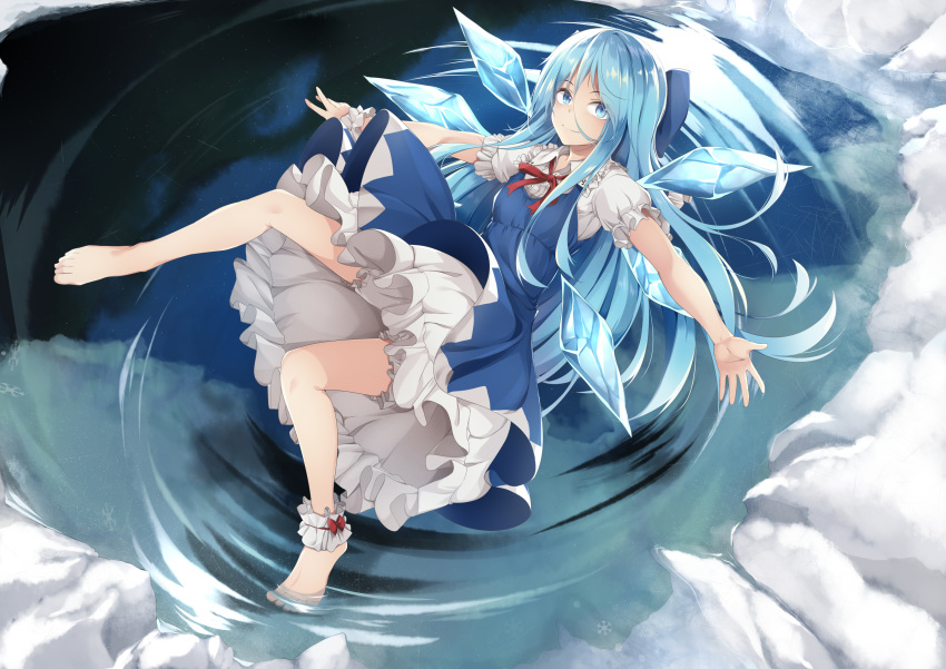 1girl absurdres alternate_hair_length alternate_hairstyle bangs bare_legs barefoot bloomers blue_bow blue_dress blush bow cirno closed_mouth commentary detached_wings dress eyebrows_visible_through_hair frilled_sleeves frills from_above full_body hair_between_eyes hair_bow highres ice ice_wings kana616 long_hair neck_ribbon night night_sky outdoors outstretched_arms pinafore_dress red_neckwear red_ribbon reflection ribbon ripples shiny shiny_hair short_sleeves sky smile snow solo spanish_commentary star_(sky) starry_sky touhou underwear upskirt very_long_hair water wings
